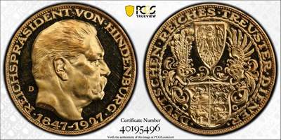 万国钱币拍卖第050期（万国五十期纪念大拍） - PCGS SP63 1927年德国魏玛共和国兴登堡总统80大寿精制5马克金质币章 卡尔哥茨最为经典、流通最广的顶级设计 黄金质化后更加秀色可餐  其纯黑镜子般的底板深度镜面令人着迷 大尺寸金章无论何时均是人见人爱的品种 22.58g 900金