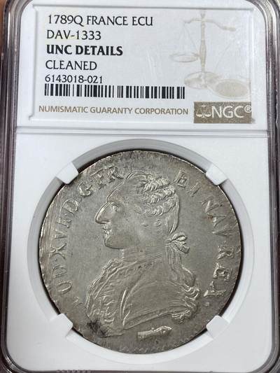 万国钱币拍卖第050期（万国五十期纪念大拍） - NGC UNCD 1789年法国路易十六世1埃居大银 深打无减重痕难得