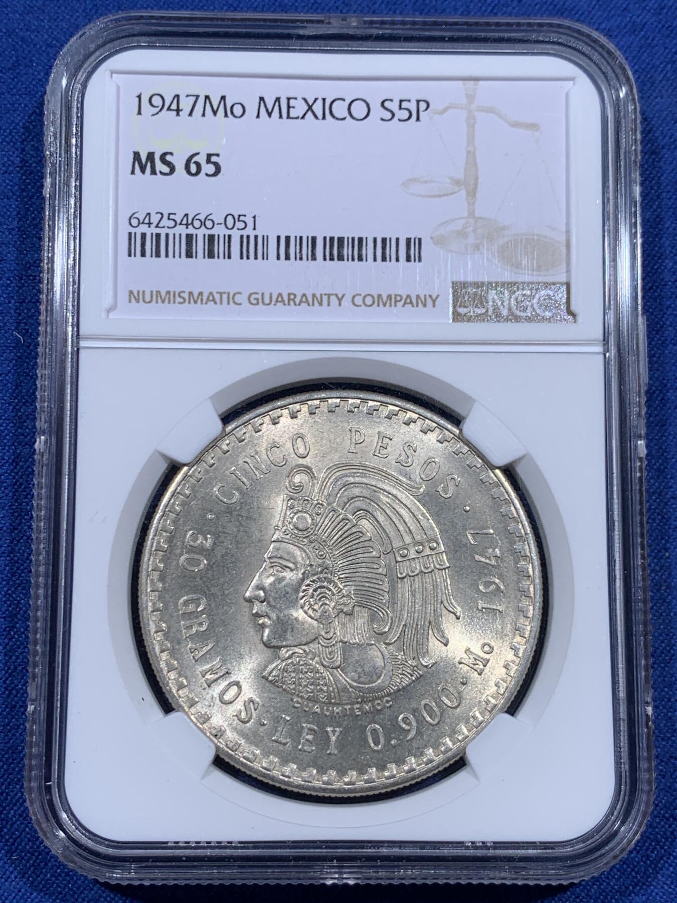 《竞宝斋》第405场 周日，周一，2场连拍 （全场包邮） NGC MS65 墨西哥1947年玛雅酋长5比索大银币 1947的比较少见 发行量只有48年的1/5 卷拆原光