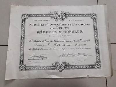 老王徽章第138期 - 法国1948年银级铁路运输部服务奖章证书