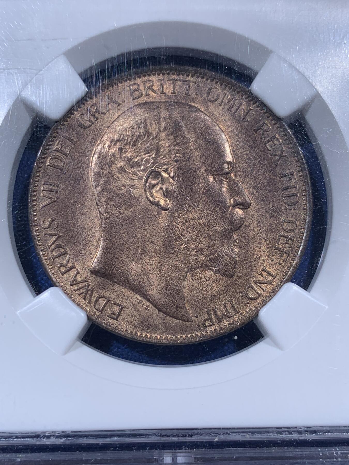 《竞宝斋》第405场 周日，周一，2场连拍 （全场包邮） 冠军分 NGC MS66RB 英国1902年爱七便士铜币，高海平面版本