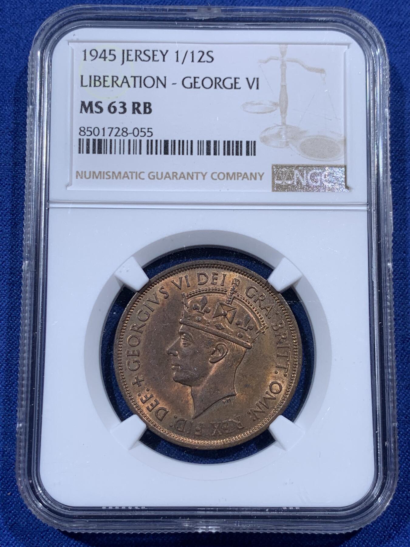 《竞宝斋》第405场 周日，周一，2场连拍 （全场包邮） NGC MS63RB 泽西岛1945年十二分之一先令，比本土便士少得多，好品难得