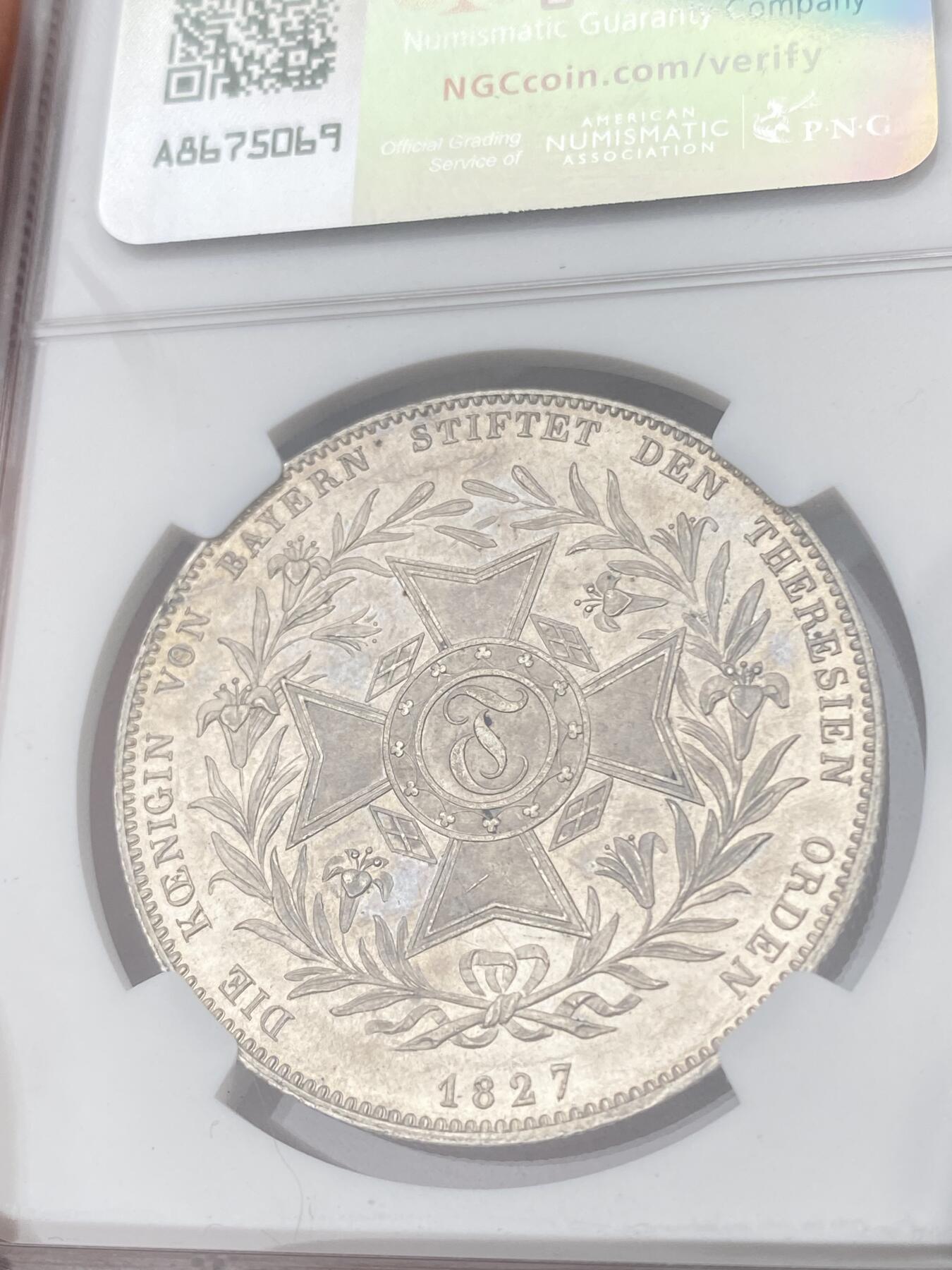 万国钱币拍卖第050期（万国五十期纪念大拍） NGC MS61 1827巴伐利亚路德维希一世特蕾莎勋章历史泰勒 为纪念路德维希的妻子女王特蕾莎为杰出女性设立的特蕾莎勋章而发行
