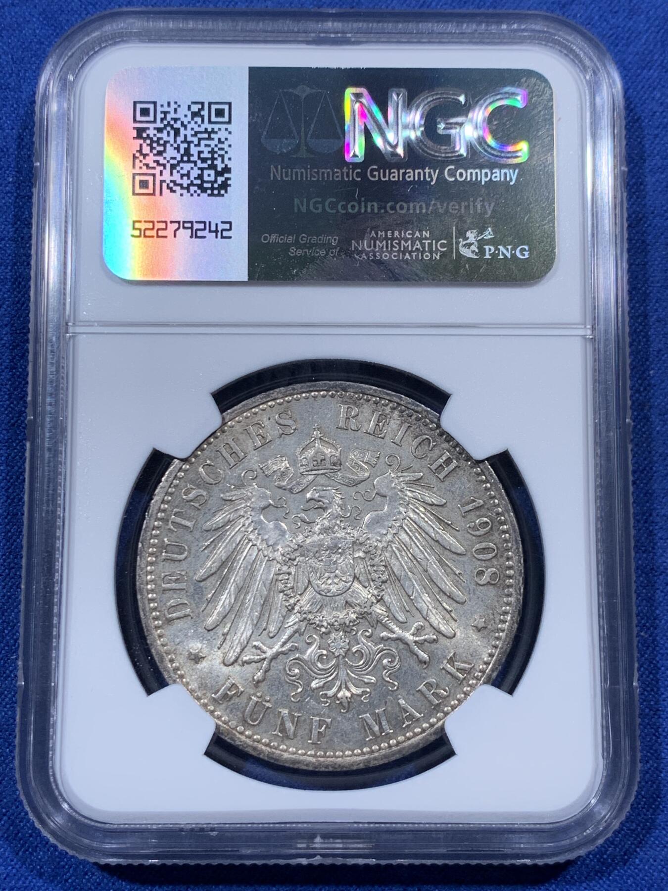 《竞宝斋》第405场 周日，周一，2场连拍 （全场包邮） NGC AU58 德国1908年普鲁士威廉二世长翅流通5马克 流通极广品种 难得好品
