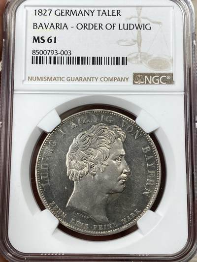 万国钱币拍卖第050期（万国五十期纪念大拍） - NGC MS61 1827巴伐利亚路德维希一世特蕾莎勋章历史泰勒 为纪念路德维希的妻子女王特蕾莎为杰出女性设立的特蕾莎勋章而发行