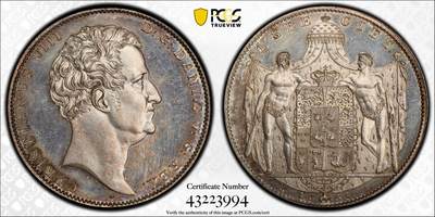 万国钱币拍卖第050期（万国五十期纪念大拍） - PCGS MS64PL 1846年丹麦克里斯蒂安八世野人扶盾达勒大银 19世纪丹麦最大面值银币，类精制镜面喷砂工艺，香槟彩倒影包浆，出自著名的Peak Collection，值得一提的是，当时此品种一共拍出2枚裸币，此枚标注为PF精制，而另一枚没有标PF的最后送评给了PF评分，PCGS唯一PL记录&唯一冠军分，难得一见的顶级北欧大银。