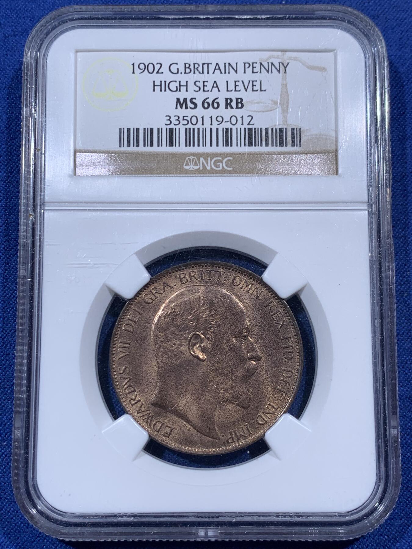 《竞宝斋》第405场 周日，周一，2场连拍 （全场包邮） 冠军分 NGC MS66RB 英国1902年爱七便士铜币，高海平面版本
