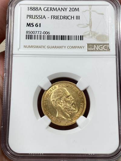 万国钱币拍卖第050期（万国五十期纪念大拍） - NGC MS61 1888年德国普鲁士三皇之年腓特烈三世短翅流通20马克金币 经典短翅金马克主币 邮票光泽 7.96g 900金