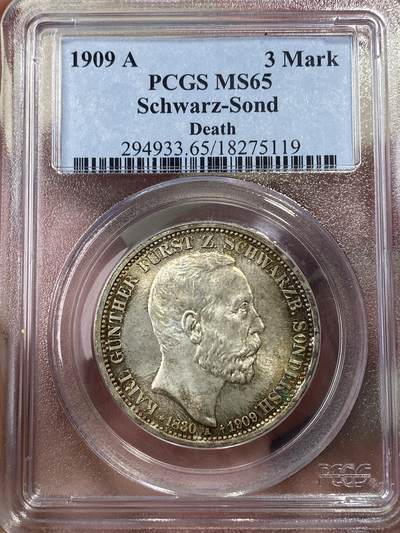 万国钱币拍卖第050期（万国五十期纪念大拍） - PCGS MS65 1909年德国施瓦茨堡-桑德豪斯亲王逝世纪念3马克 罕见小邦品种 淡彩BU转光 PC老白盒
