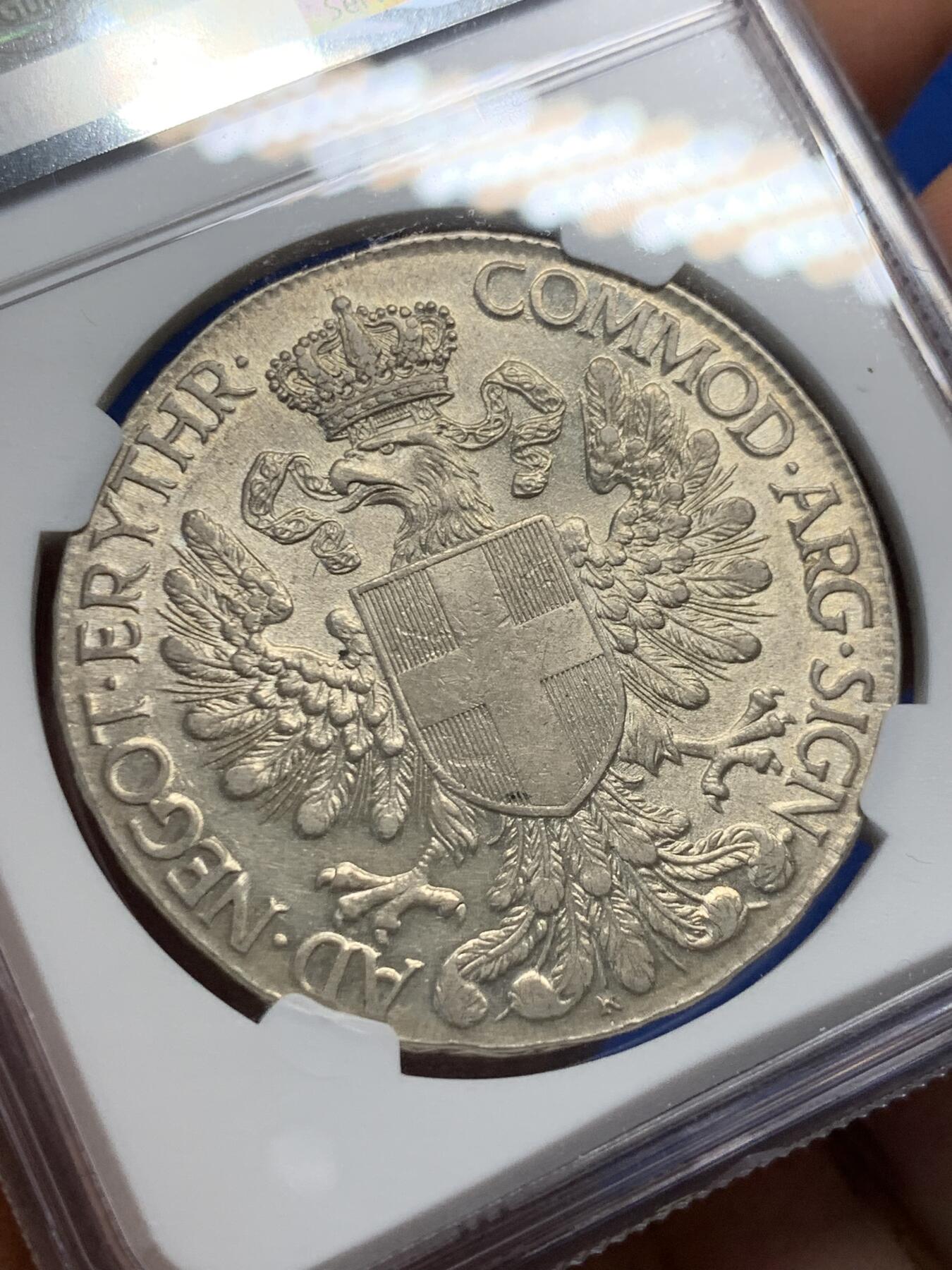 《竞宝斋》第405场 周日，周一，2场连拍 （全场包邮） NGC AU58 意属厄立特里亚 1918年特蕾莎1TALERO大银币，单年版，铸量仅有51万枚，此前63分稀奇12000元成交。此枚光度极佳，状态舒服，性价比之选