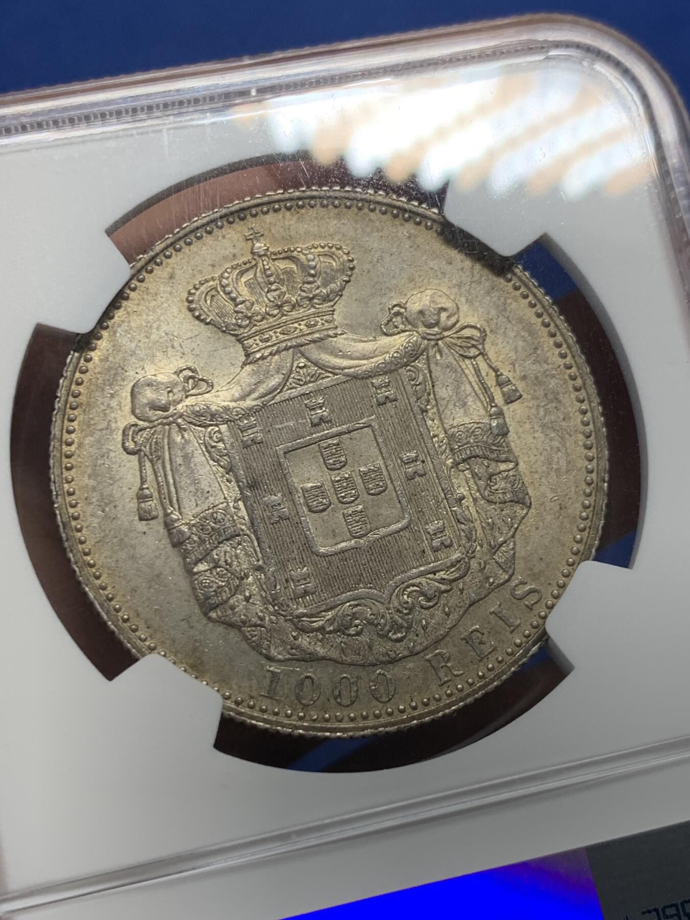 《竞宝斋》第405场 周日，周一，2场连拍 （全场包邮） NGC AU58 葡萄牙1899年卡洛斯一世头像1000瑞斯大银币