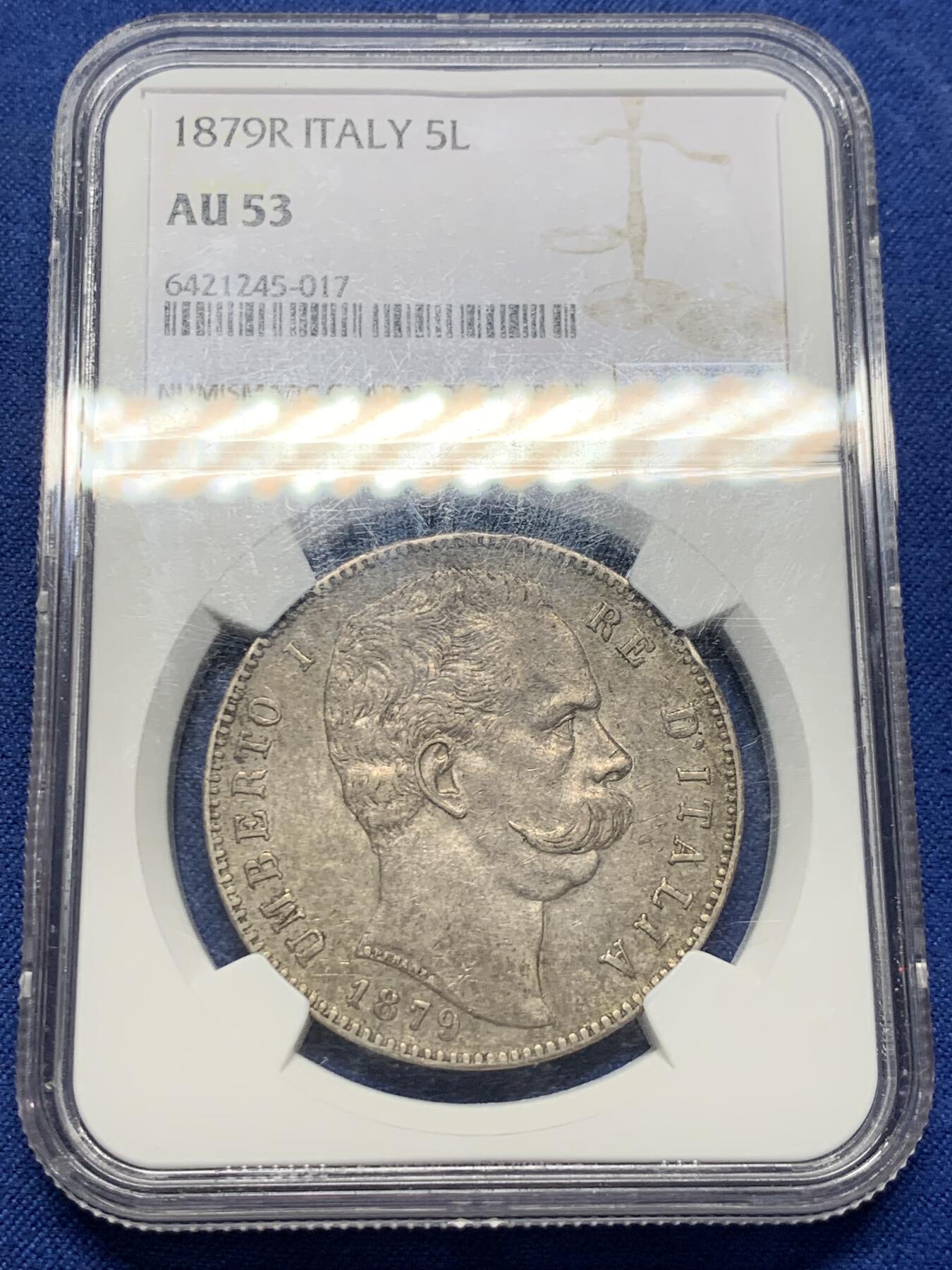《竞宝斋》第405场 周日，周一，2场连拍 （全场包邮） NGC AU53 意大利1879年翁贝托一世，五里拉大银币，通货能见，有分原包浆不多，非常漂亮的欧洲老灰包浆