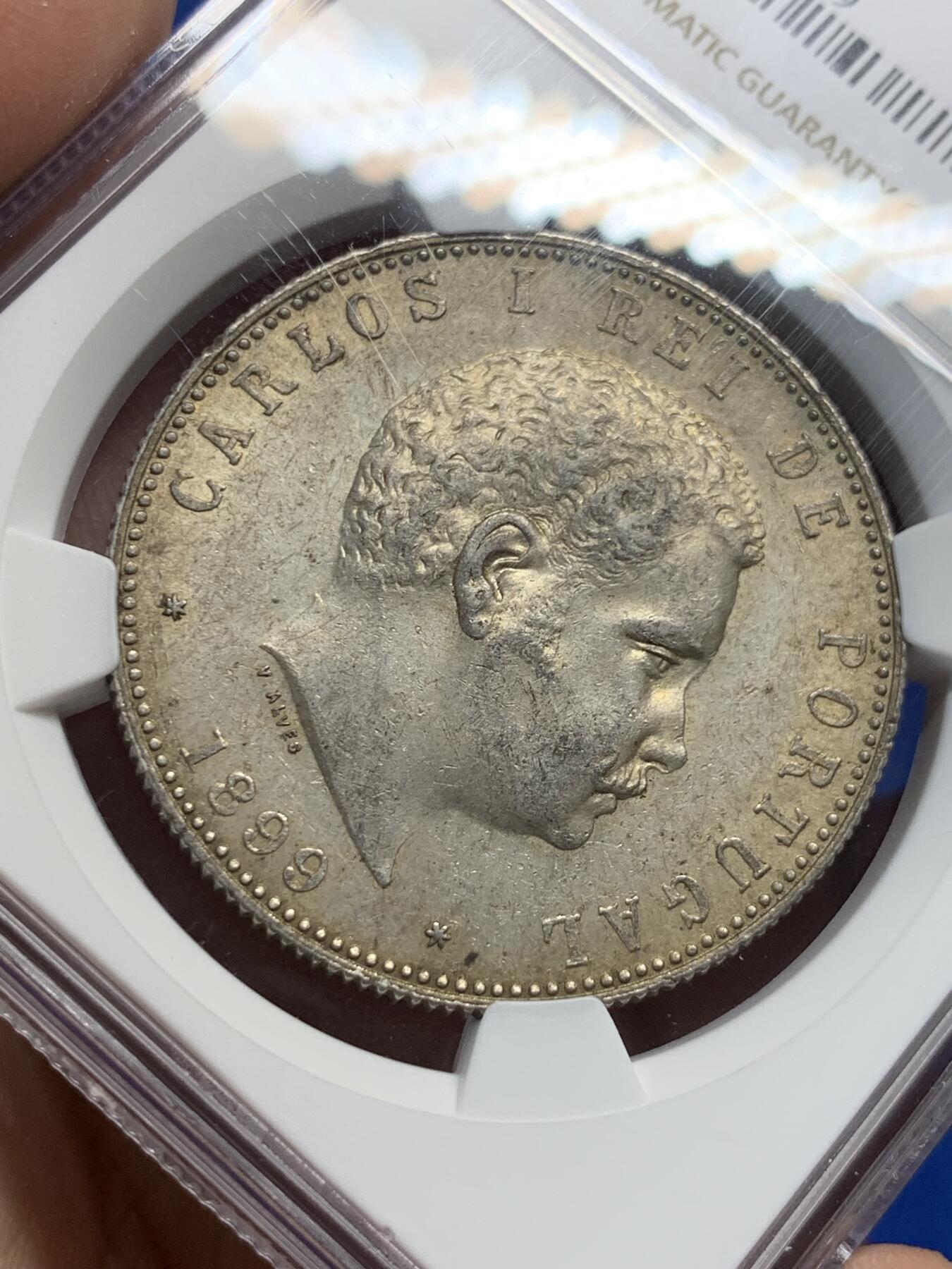 《竞宝斋》第405场 周日，周一，2场连拍 （全场包邮） NGC AU58 葡萄牙1899年卡洛斯一世头像1000瑞斯大银币