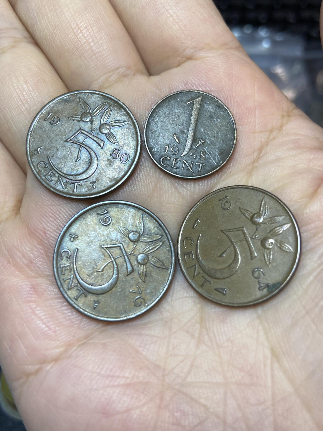 2025年第七十一场(总第九十七场）外国好品散币(免佣金) 荷兰🇳🇱4枚：1948单年份1分(威廉明娜女王)，1964年、1976年、1980年5分(朱丽安娜女王3种标记)