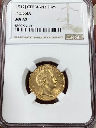 万国钱币拍卖第050期（万国五十期纪念大拍） - NGC MS62 1912年德国普鲁士威廉二世长翅流通20马克金币 原味转光好状态 7.96g 900金