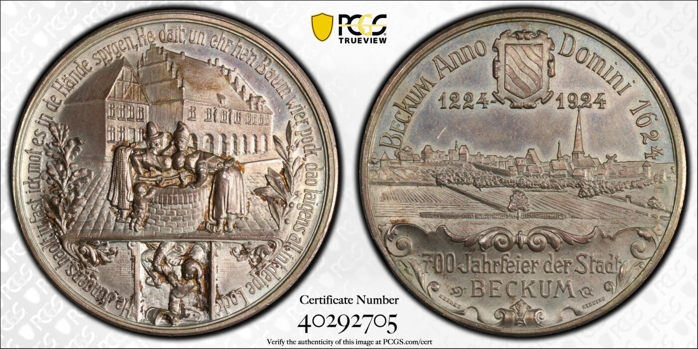 万国钱币拍卖第050期（万国五十期纪念大拍） PCGS SP65 1924年德国贝库姆建城700周年纪念大银章 高浮雕磨砂MATTE质感 华丽的城市景观被银质化后极致美丽 顶级收藏品质 上一次63分落槌价近4000元 44MM 34.45G