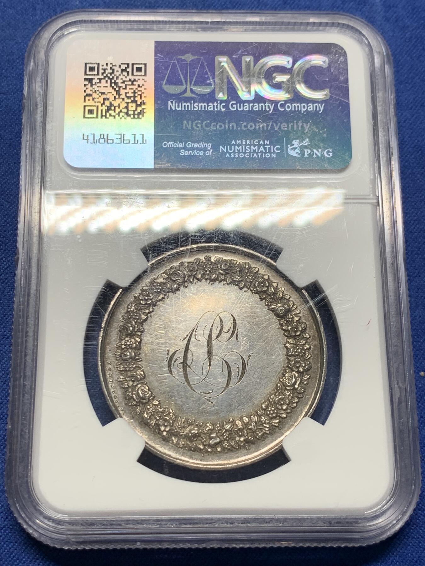 《竞宝斋》第405场 周日，周一，2场连拍 （全场包邮） NGC MS61 法国银质婚章 丰饶角边铭 34mm