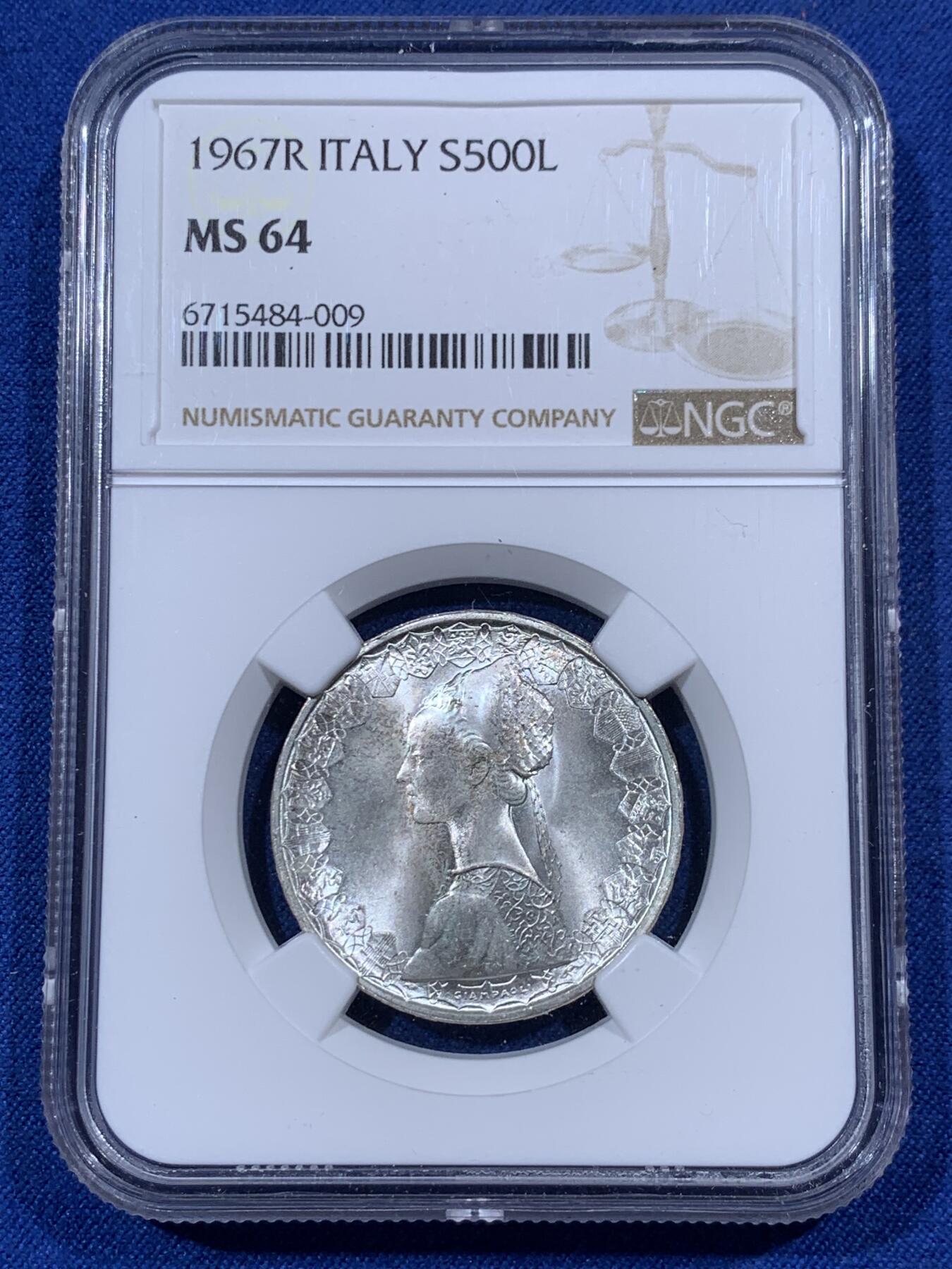 《竞宝斋》第405场 周日，周一，2场连拍 （全场包邮） NGC MS64 意大利1967年帆船少女500里拉银币