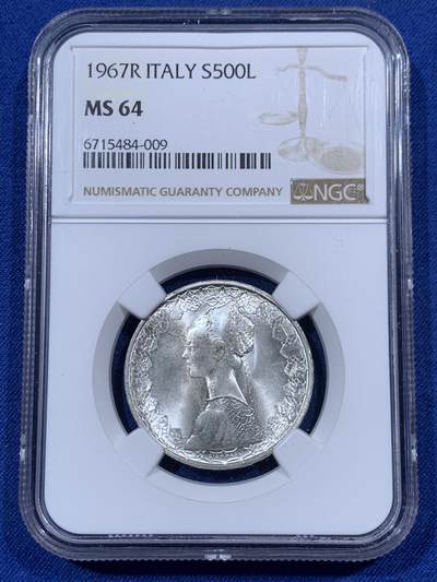 《竞宝斋》第405场 周日，周一，2场连拍 （全场包邮） - NGC MS64 意大利1967年帆船少女500里拉银币