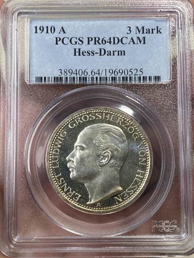 万国钱币拍卖第050期（万国五十期纪念大拍） - PCGS PR64DACM 1910年德国黑森-达姆施塔特长翅精制3马克 深度精制镜面小邦马克 PCGS老盒 收藏级品质