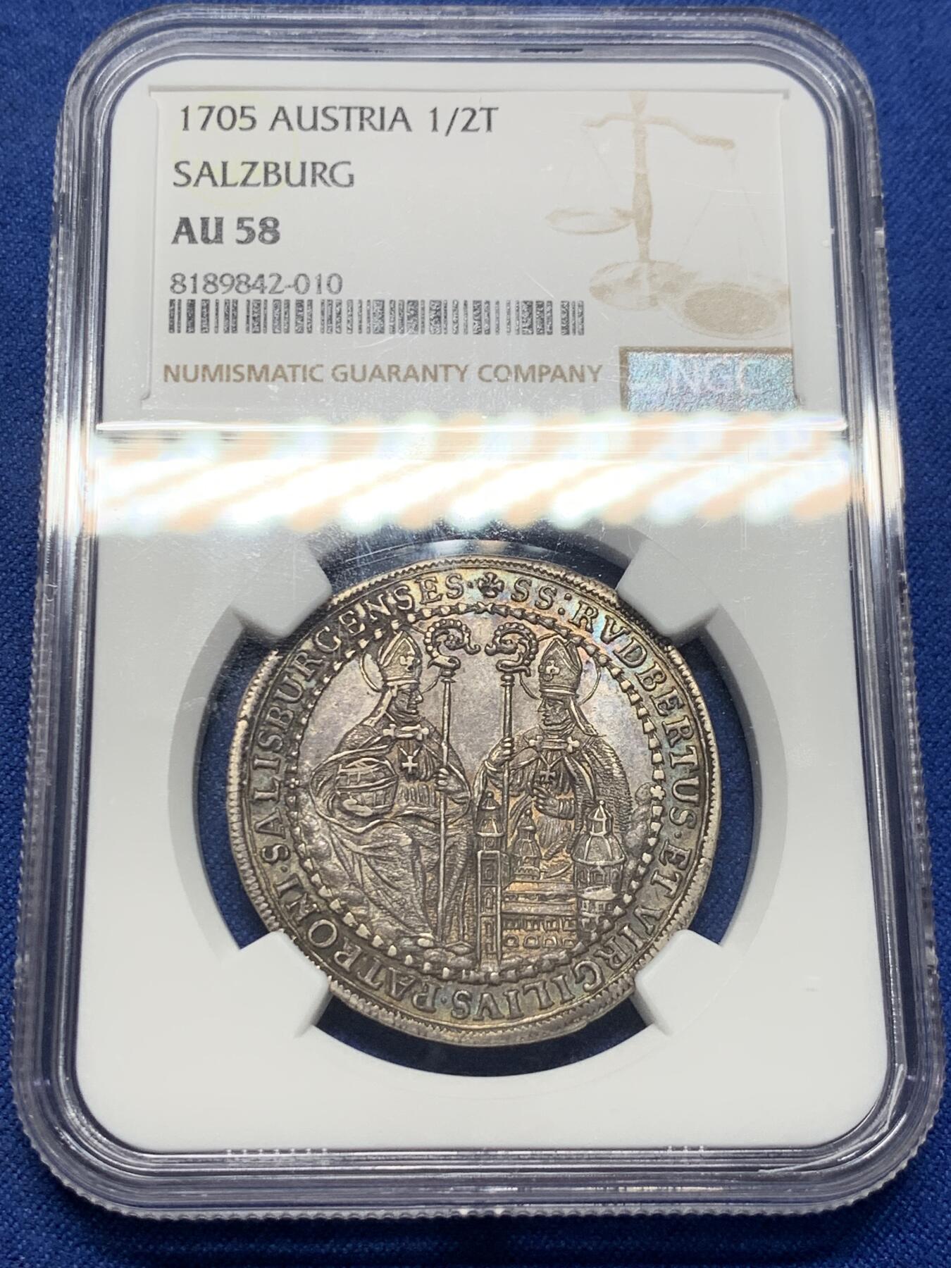 《竞宝斋》第405场 周日，周一，2场连拍 （全场包邮） NGC AU58 萨尔茨堡 1705年 1/2泰勒银币 300多年过去了 原味包浆 打制保留也不错 老币值得保留的味道