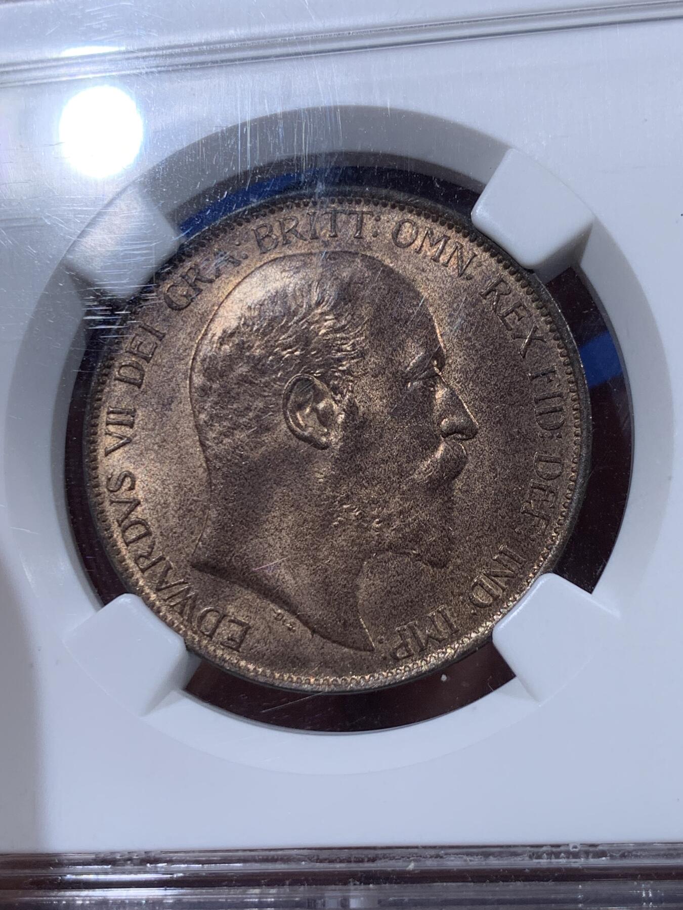 《竞宝斋》第405场 周日，周一，2场连拍 （全场包邮） 冠军分 NGC MS66RB 英国1902年爱七便士铜币，高海平面版本