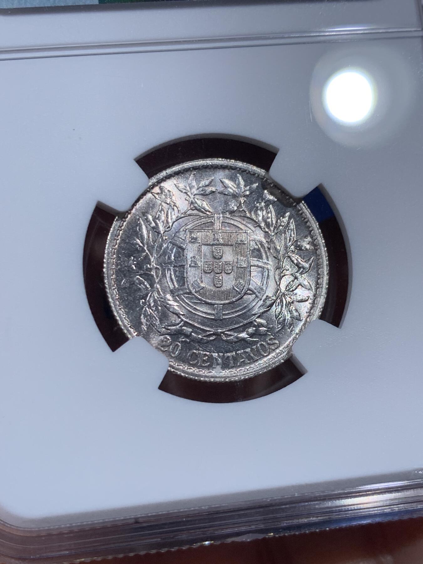 《竞宝斋》第405场 周日，周一，2场连拍 （全场包邮） NGC MS62 葡萄牙1916年自由女神20分银币
