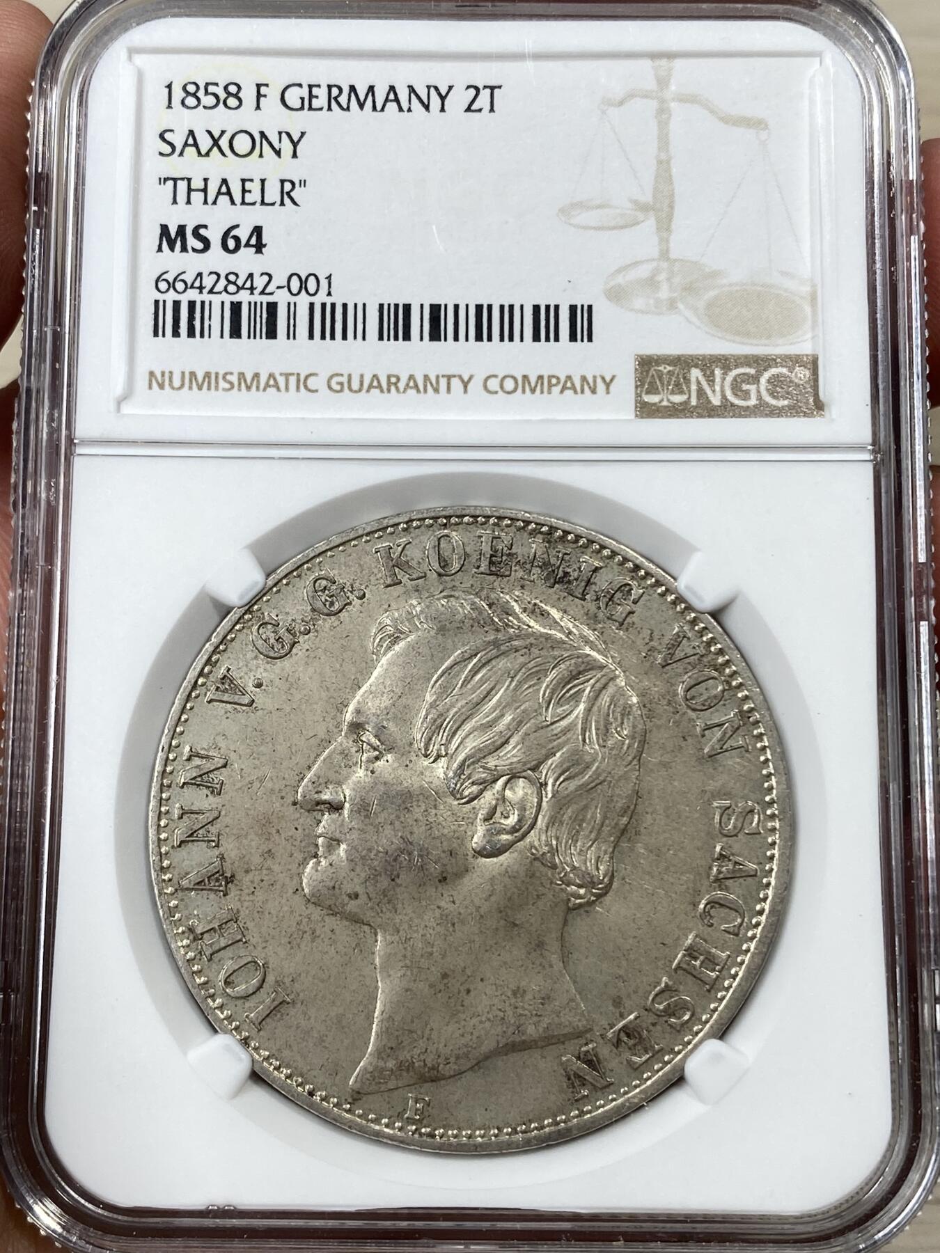 万国钱币拍卖第050期（万国五十期纪念大拍） NGC MS64 1858年德国萨克森大纹章流通2泰勒 罕见单年错版流通2T 