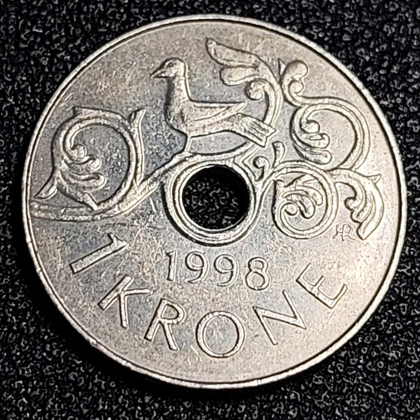 泉币菌-第64场-精品场 挪威1998年 1克朗硬币 哈拉尔五世皇冠 中孔铜镍币 21mm