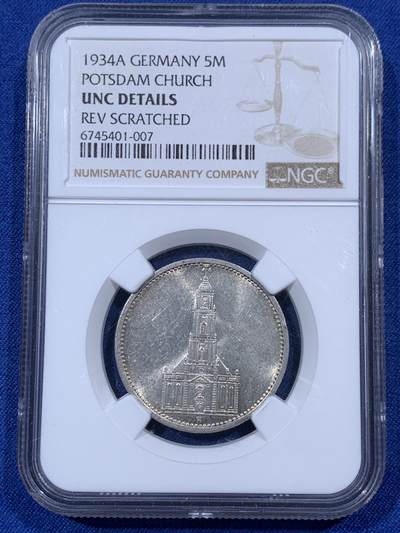 《竞宝斋》第405场 周日，周一，2场连拍 （全场包邮） - NGC UNC 德国 帝国 1934A 教堂5马克 原光好品