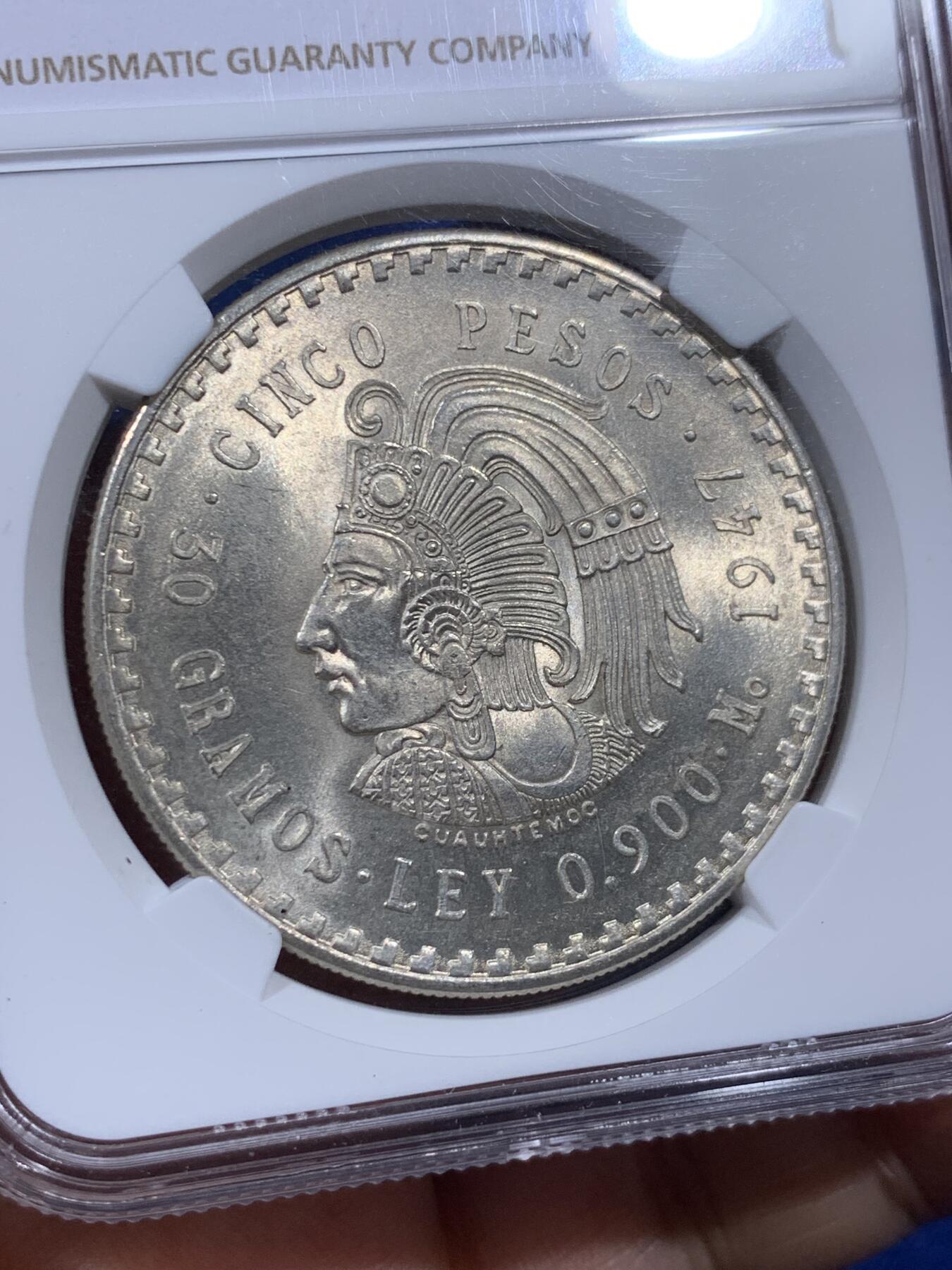 《竞宝斋》第405场 周日，周一，2场连拍 （全场包邮） NGC MS65 墨西哥1947年玛雅酋长5比索大银币 1947的比较少见 发行量只有48年的1/5 卷拆原光