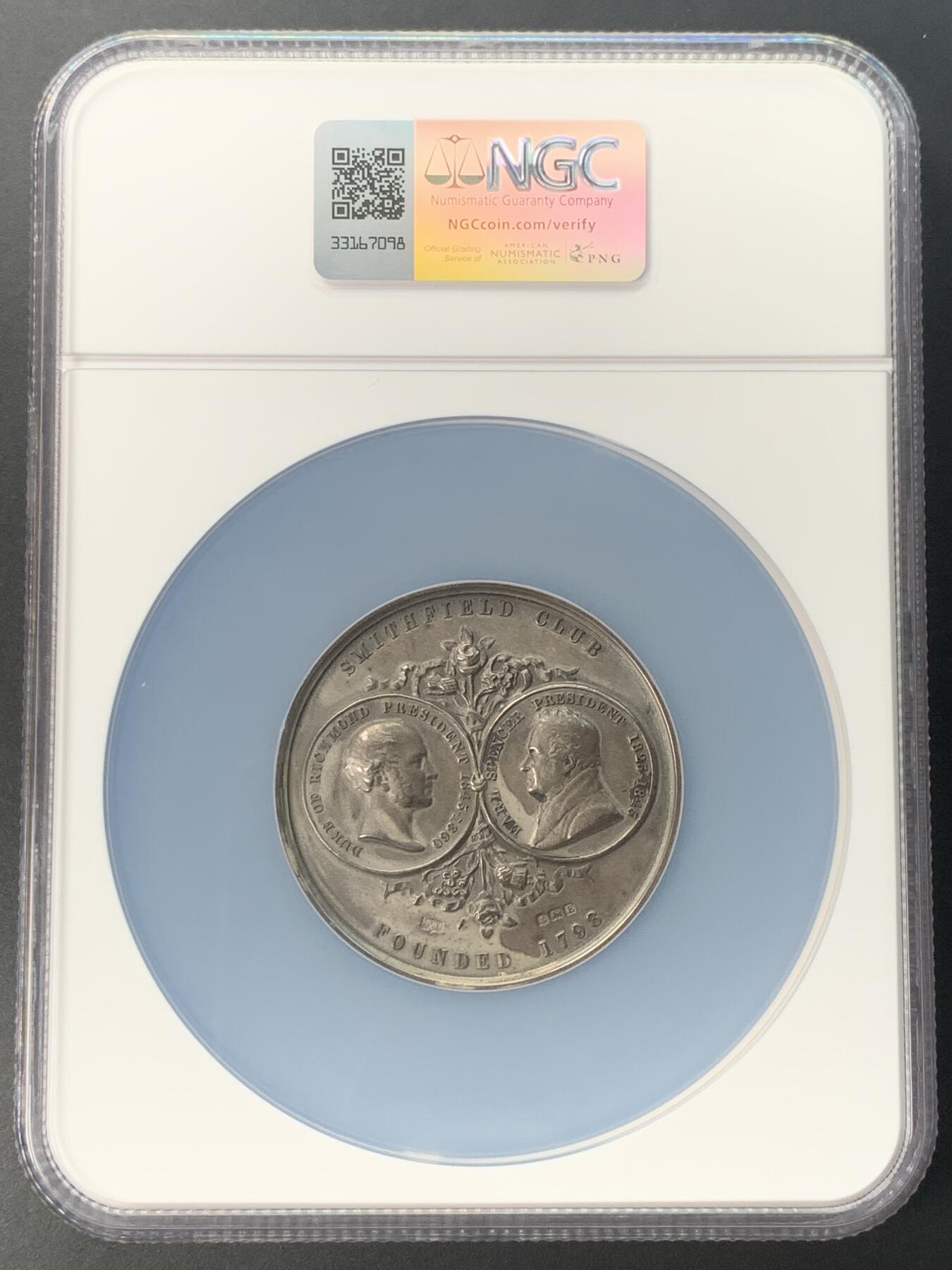 掌中浮雕-藏着的欧洲第032场 NGC MS64 : 1929年乔治五世头像-史密斯菲尔德俱乐部大银章 ，55mm