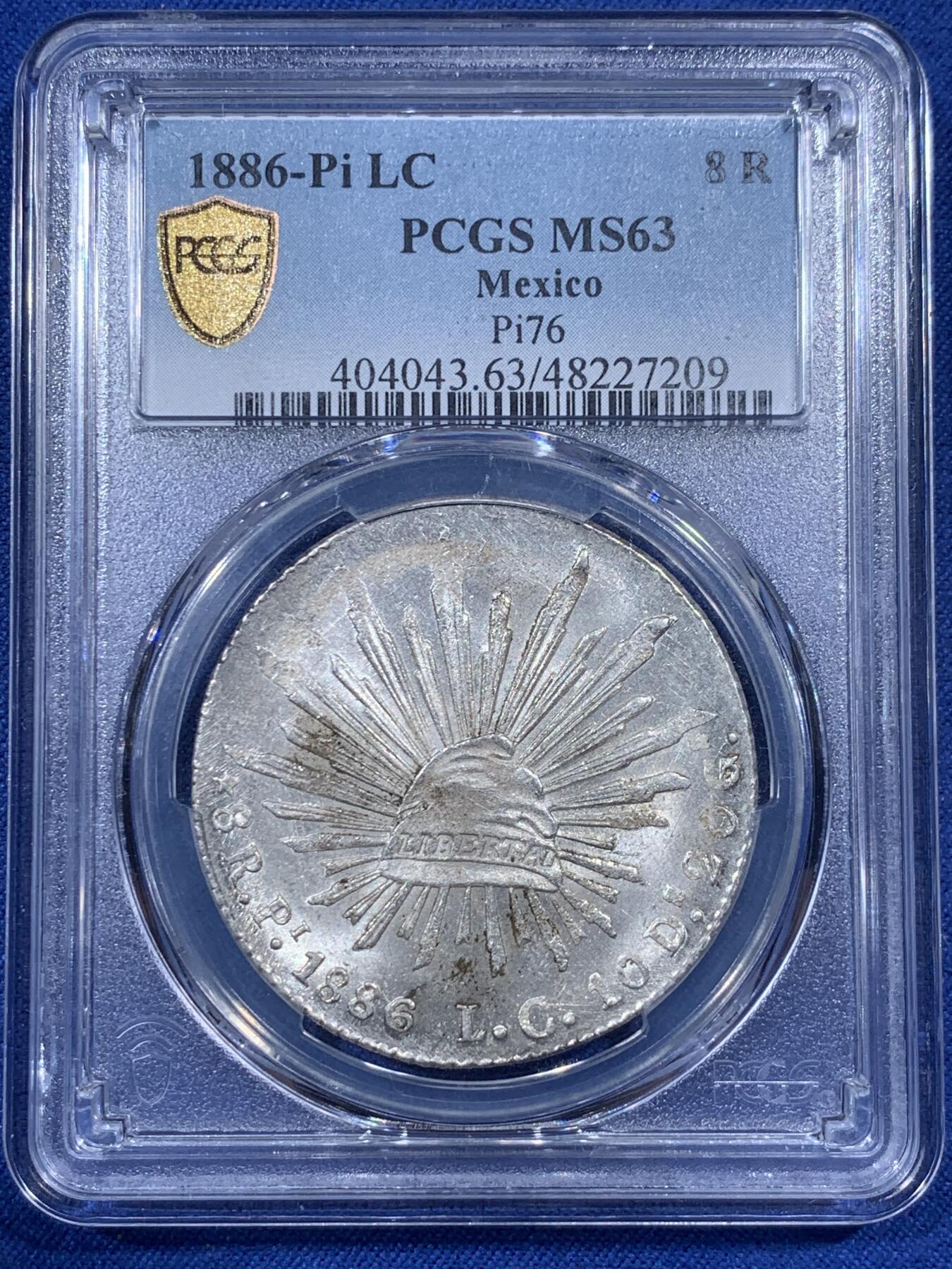 《竞宝斋》第405场 周日，周一，2场连拍 （全场包邮） PCGS MS63 墨西哥 1886 PI LC 鹰洋 8瑞尔 高分极少 同分2 更高分3