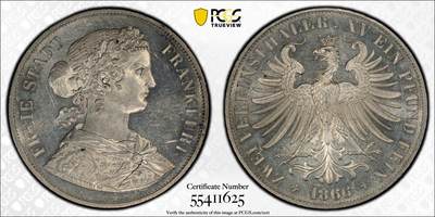 万国钱币拍卖第050期（万国五十期纪念大拍） - PCGS MS62PL  1866年德国法兰克福少女2泰勒 德系最为经典2T之一 PROOF LIKE镜面喷砂感极强 无限接近PF的观感