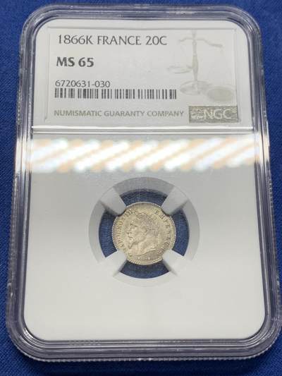 《竞宝斋》第406场 周日，周一，2场连拍 （全场包邮） NGC MS65 法国1866年拿破仑三世20分银币 顶级原光五彩