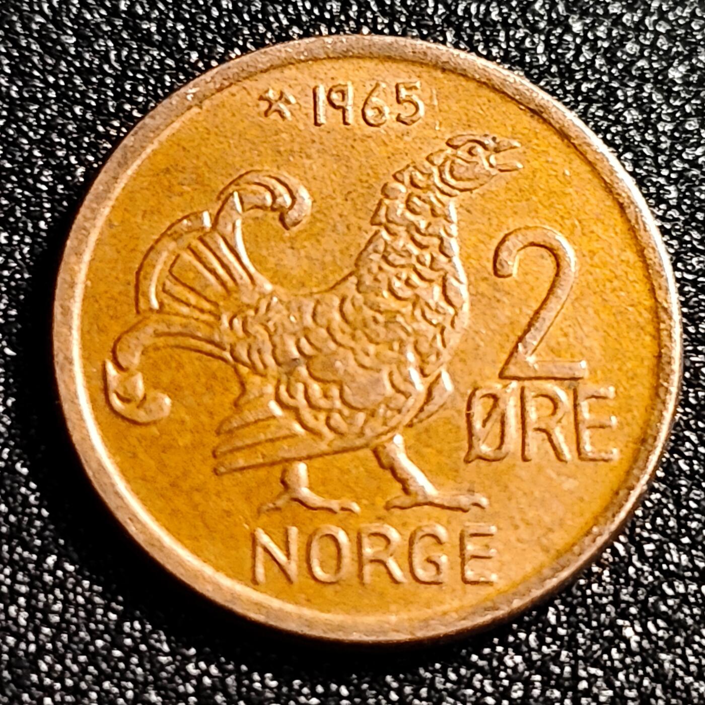 泉币菌-第66场-精品场 近未流通 挪威早期 2欧尔1965年 青铜币21.0mm 4.0克 黑松鸡  