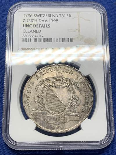 《竞宝斋》第406场 周日，周一，2场连拍 （全场包邮） NGC UNC 瑞士 苏黎世 1796年 泰勒银币 双面原味包浆 值得入手