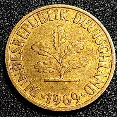 泉币菌-第67场-精品场 原铜光美品 原铜光美品 联邦德国1969年 10芬尼硬币 橡树麦穗  银行版 21.5mm