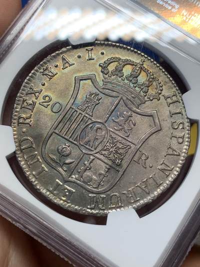 《竞宝斋》第406场 周日，周一，2场连拍 （全场包邮） NGC MS61 法占西班牙1809年波拿巴国王20R大银币，约瑟夫.波拿巴，拿破仑的长兄，拿破仑帝国下的西班牙国王。此枚双面深打，细节很好，幽绿彩包浆，绝美状态