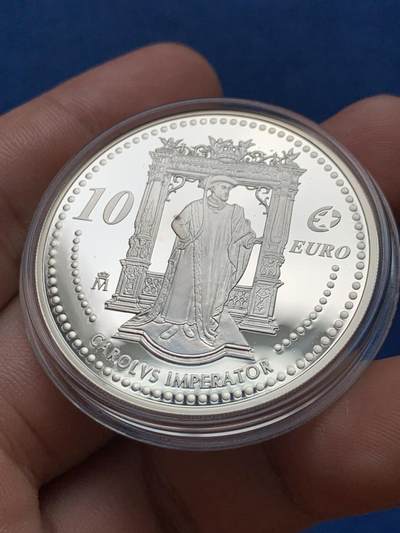 《竞宝斋》第406场 周日，周一，2场连拍 （全场包邮） 西班牙2006年卡洛斯国王10euro精制纪念大银币 925银 27克