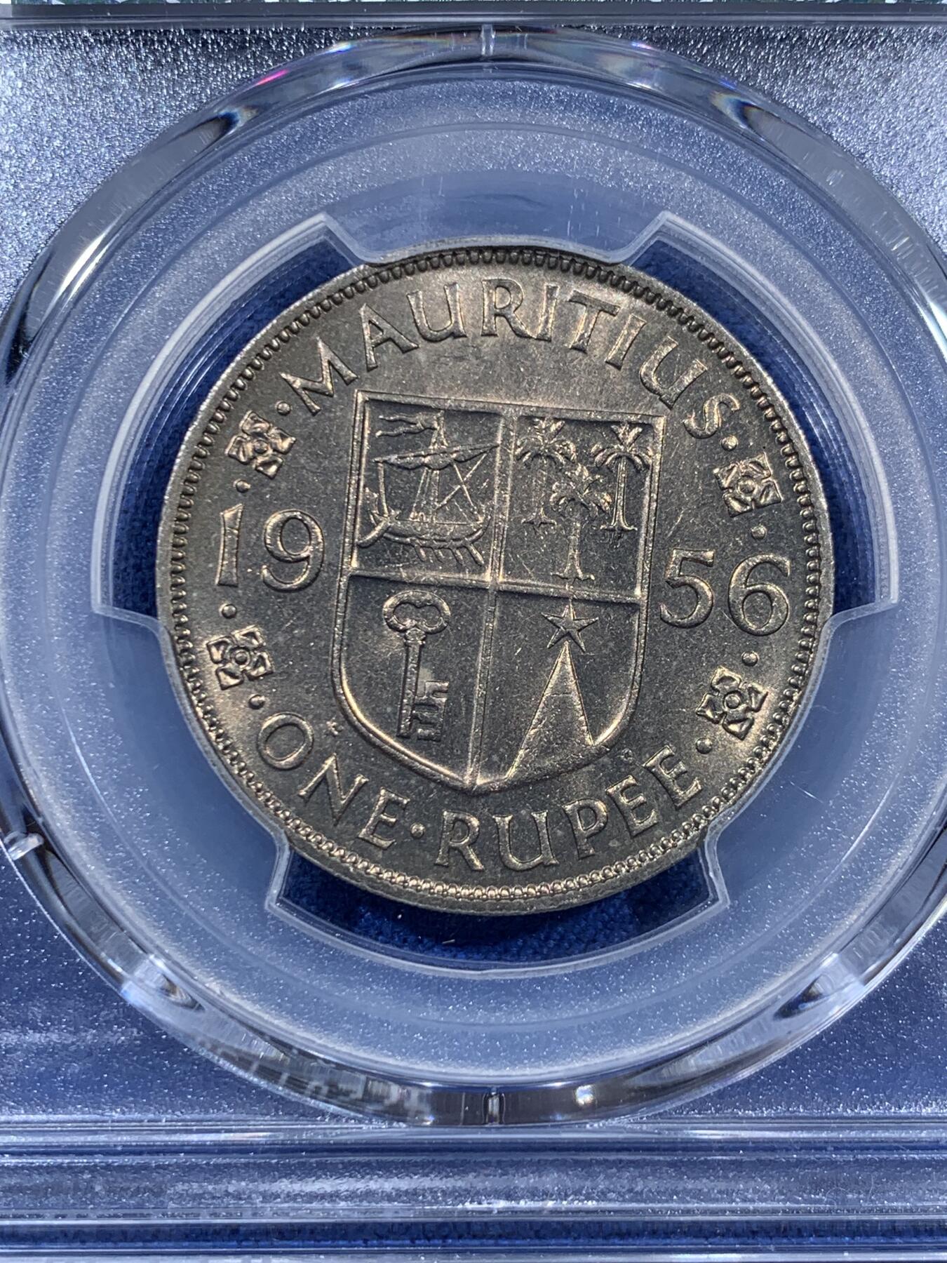 《竞宝斋》第406场 周日，周一，2场连拍 （全场包邮） PCGS MS63 毛里求斯1956年1卢比大镍币 充分流通品种 好品难得 毛里求斯英属热门 喜欢英属的不要错过了