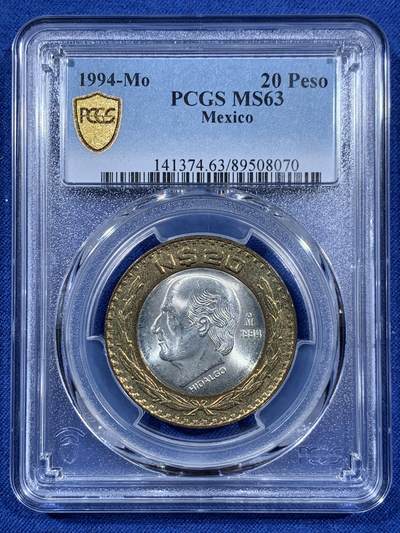 《竞宝斋》第406场 周日，周一，2场连拍 （全场包邮） PCGS MS63 墨西哥1994年20比索 少见内圈银芯 双色币 这枚细节清晰 两面转光品相 有点低评了 难得一遇的东西