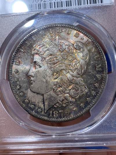 《竞宝斋》第406场 周日，周一，2场连拍 （全场包邮） PCGS MS64 美国 1879年 1美元 摩根 银币 五彩包浆 HA-MS64分拍卖价格在1300元 经典品种
