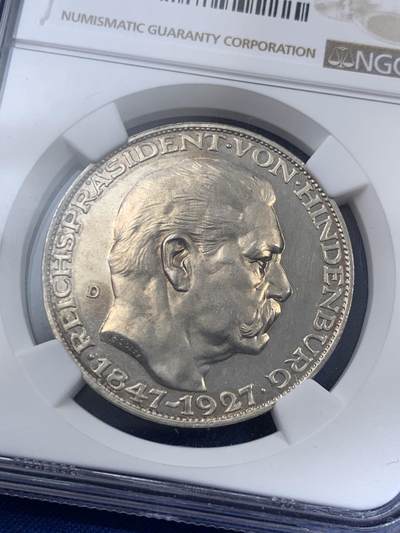 《竞宝斋》第406场 周日，周一，2场连拍 （全场包邮） NGC MS64 德国 1927年兴登堡80大寿纪念币型章 高分好状态