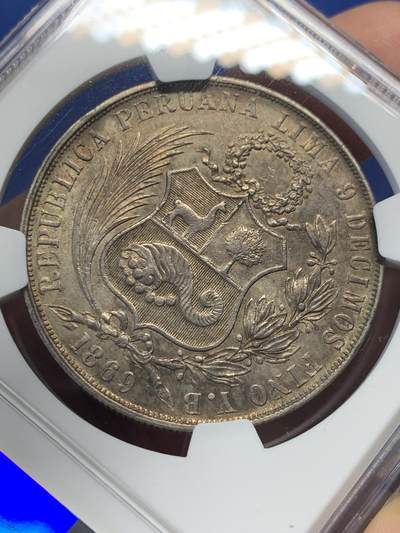 《竞宝斋》第406场 周日，周一，2场连拍 （全场包邮） NGC AU 秘鲁1869年1索尔银币