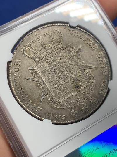 《竞宝斋》第406场 周日，周一，2场连拍 （全场包邮） NGC MS62 意大利1858年托斯卡纳利奥波德二世4菲奥里尼大银币，少见年份不是常见的1856年。淡酱彩包浆非常漂亮，高分非常不易，自藏足够