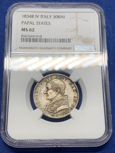 《竞宝斋》第406场 周日，周一，2场连拍 （全场包邮） NGC MS62 教皇国 1834年 格里高利十六世 30BAI 银币