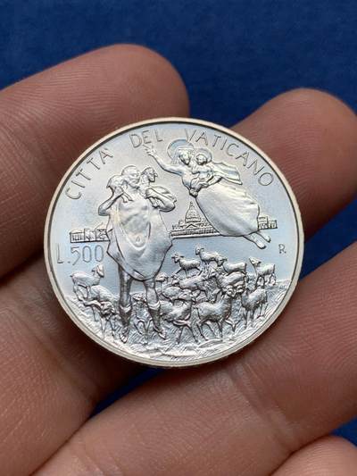 《竞宝斋》第406场 周日，周一，2场连拍 （全场包邮） 梵蒂冈 1996年 牧羊人 500里拉 UNC原光 11g 835银
