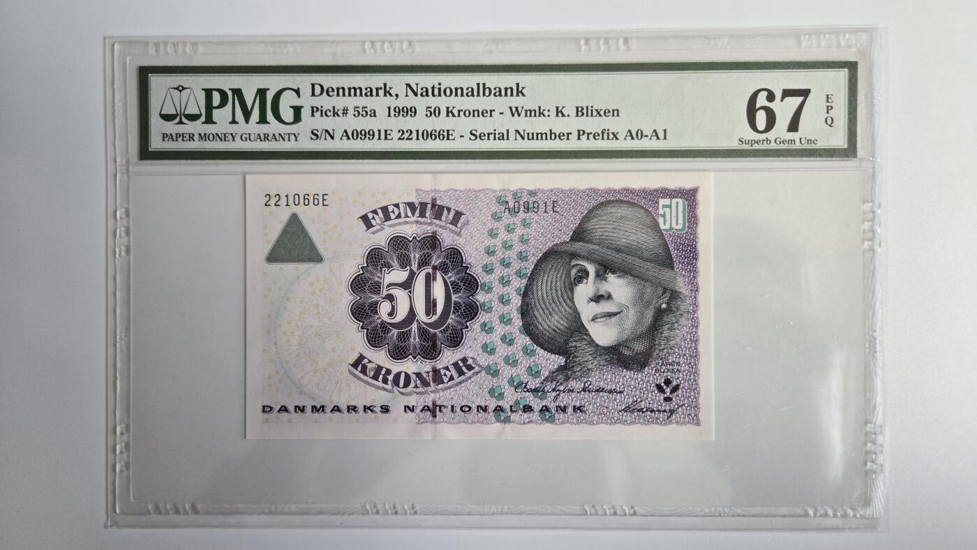 听雨轩钱币《二》 丹麦50克朗  pmg67  首发A0冠  朦胧号  凯伦·布里克森1999