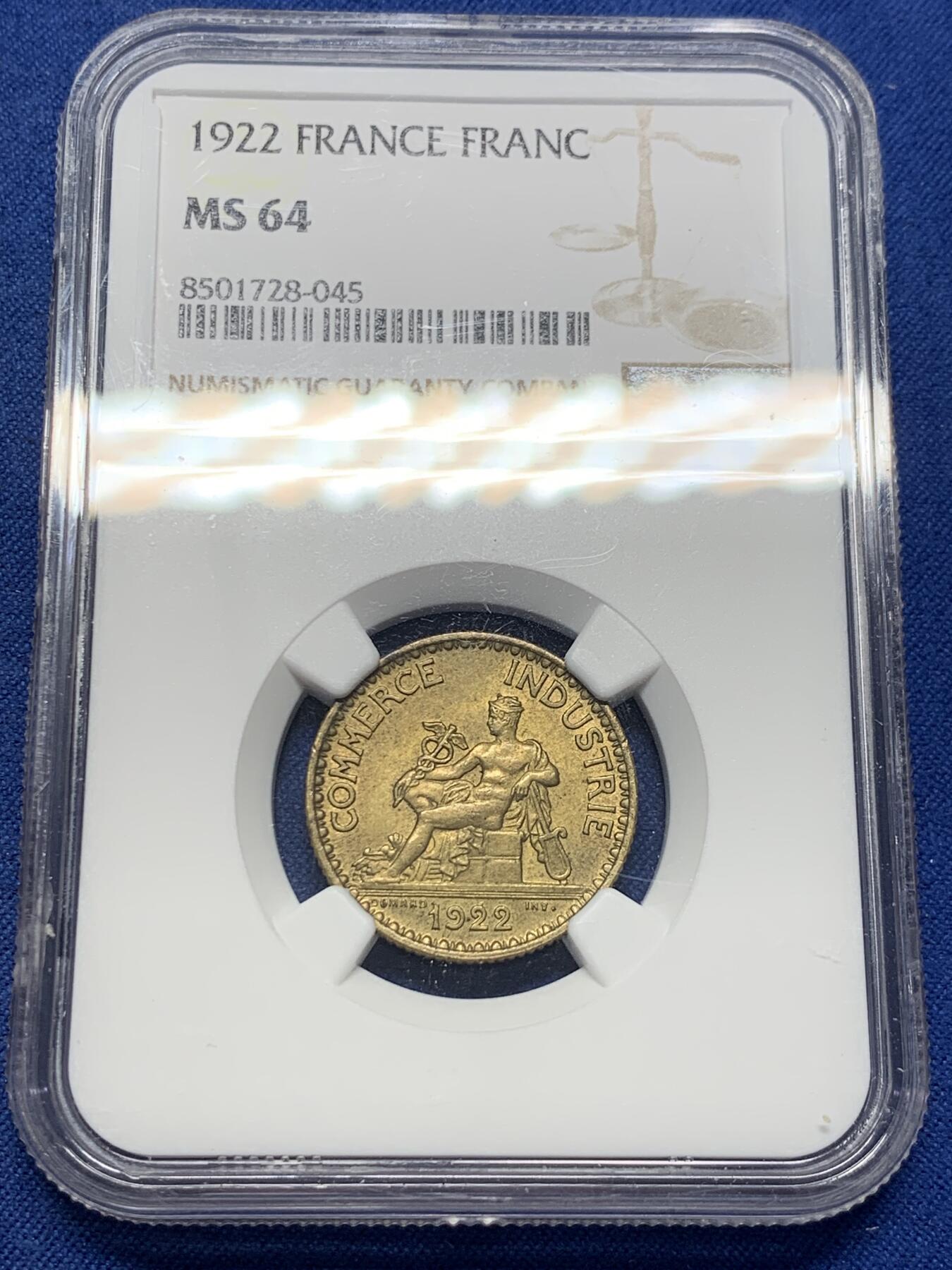 《竞宝斋》第406场 周日，周一，2场连拍 （全场包邮） NGC MS64 法国1922商务部1法郎，墨丘利像，经典设计，好品相少见